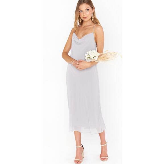 Show me Your Mumu Verona Cowl Neck Midi Slip Dress sz M In Dove Grey Chiffon - Picture 3 of 6